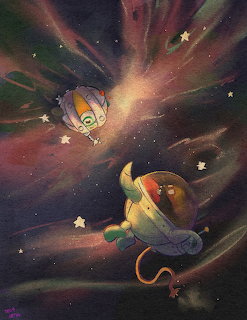 Two cartoon mice floating in a starry cosmic nebula with colorful light rays