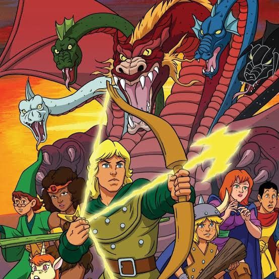 Cartoon heroes with weapons facing a large multi-headed dragon in a fantasy scene