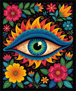 Stylized eye with blue iris surrounded by bright flowers and ornate swirls on black background