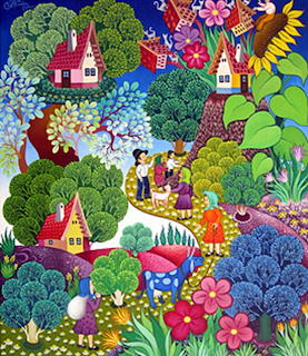Vibrant folk art painting of houses in trees surrounded by colorful flowers and gardens