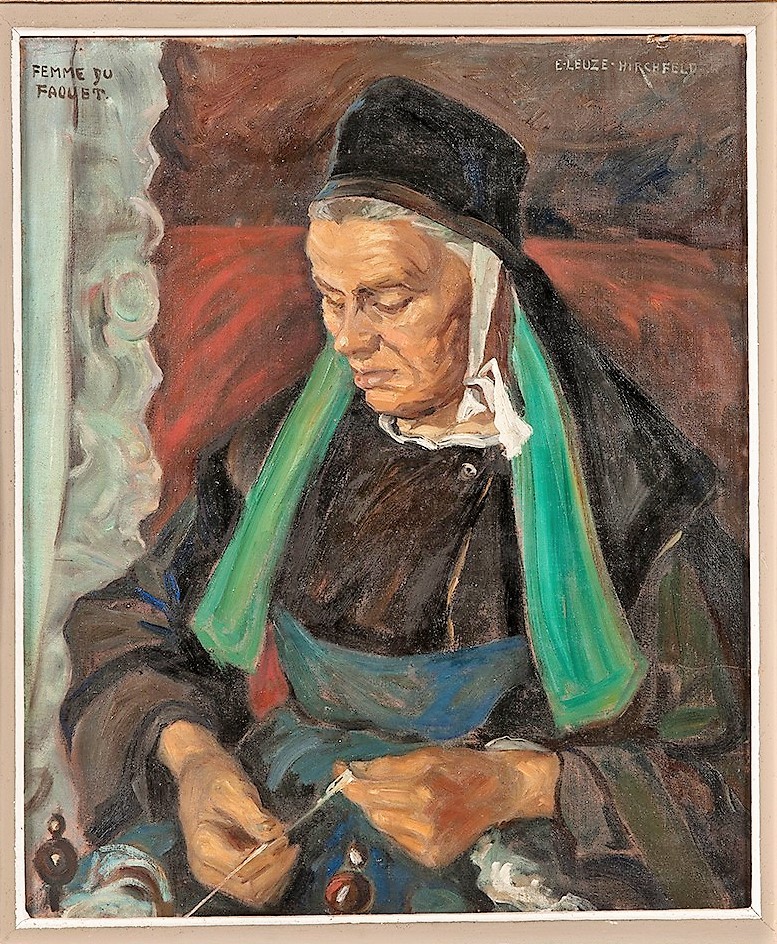 Painting of an elderly woman in traditional Breton dress seated and sewing