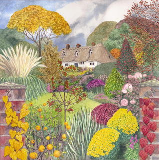 Cottage with colorful autumn garden featuring yellow, red, and purple flowers and trees