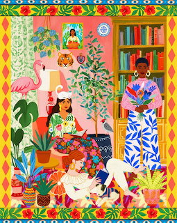 Woman in blue patterned dress reading book in plant-filled room with white cat, bookshelf, and decorative border