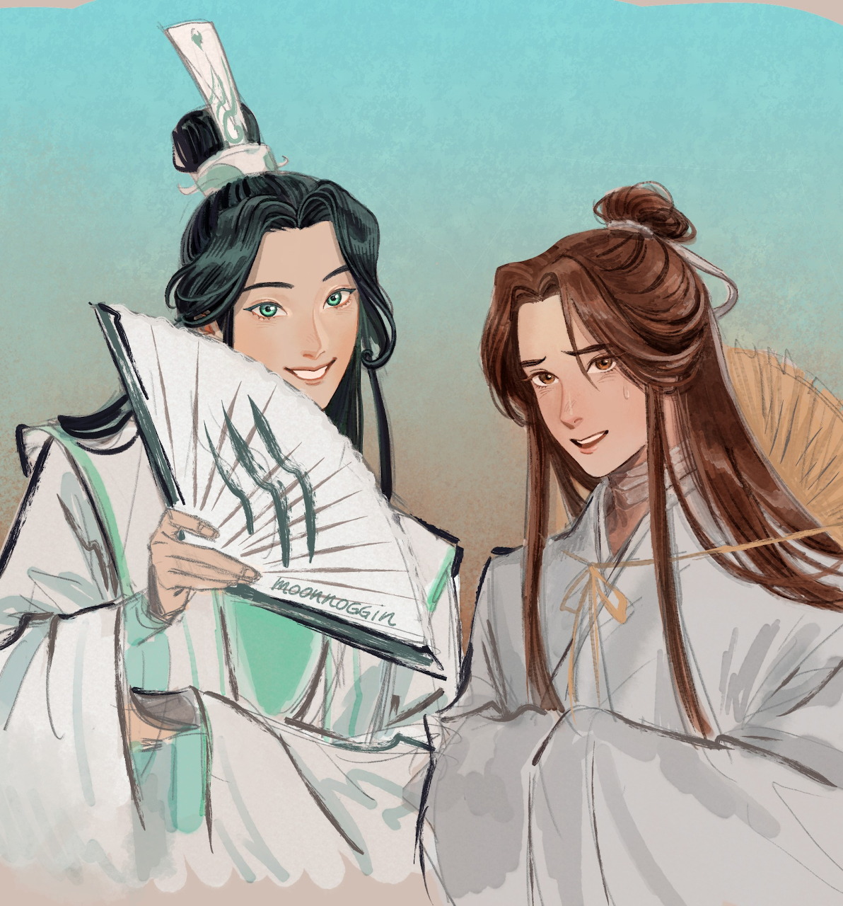 Illustrated duo of Xie Lian holding a fan and Shi Qingxuan in traditional Chinese hanfu robes