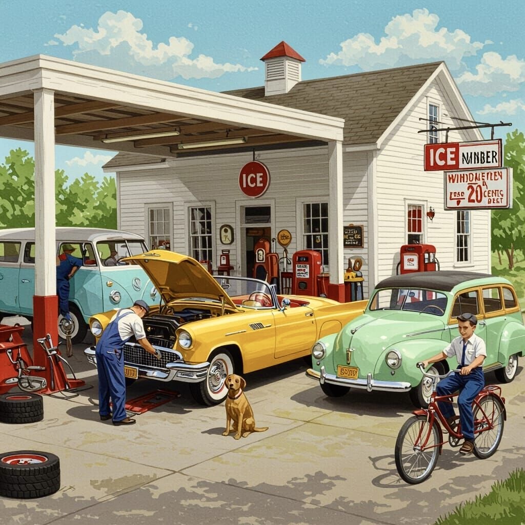 Illustration of a vintage gas station with classic cars, mechanics, gas pumps, a dog, and a cyclist