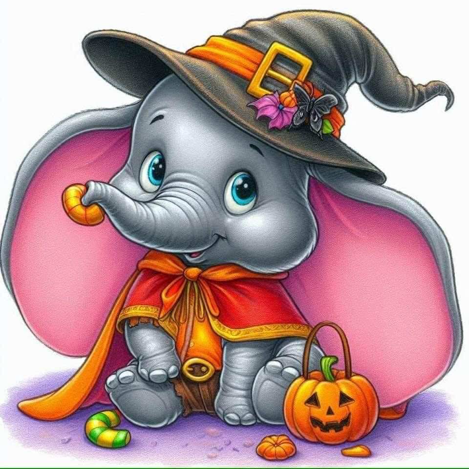 Cute cartoon baby elephant in Halloween witch costume with pumpkin basket and candy