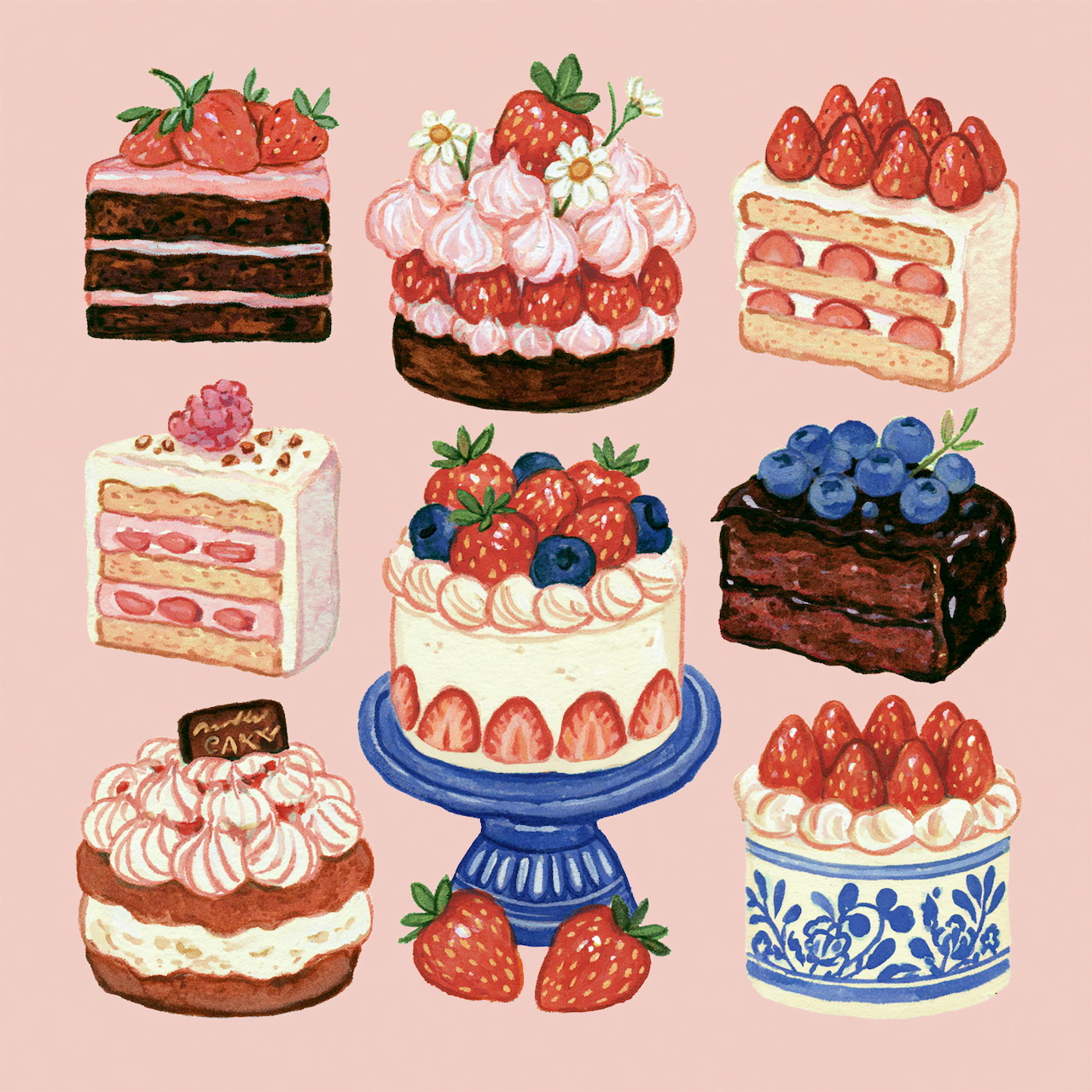 Illustration of assorted strawberry cakes and cake slices with berries on a pink background