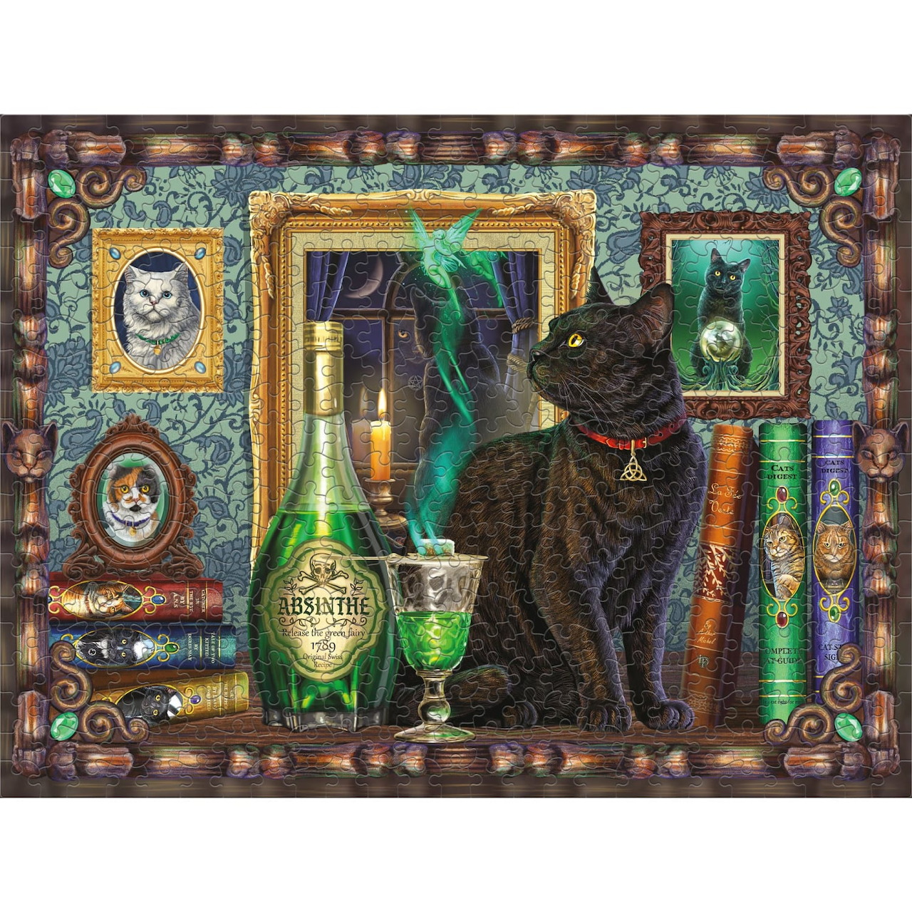 Black cat next to absinthe bottle in ornate vintage frame with mystical decorative elements