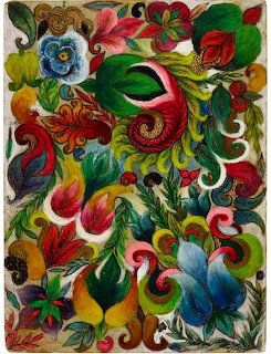 Colorful floral painting with stylized flowers, green leaves, and swirling botanical shapes