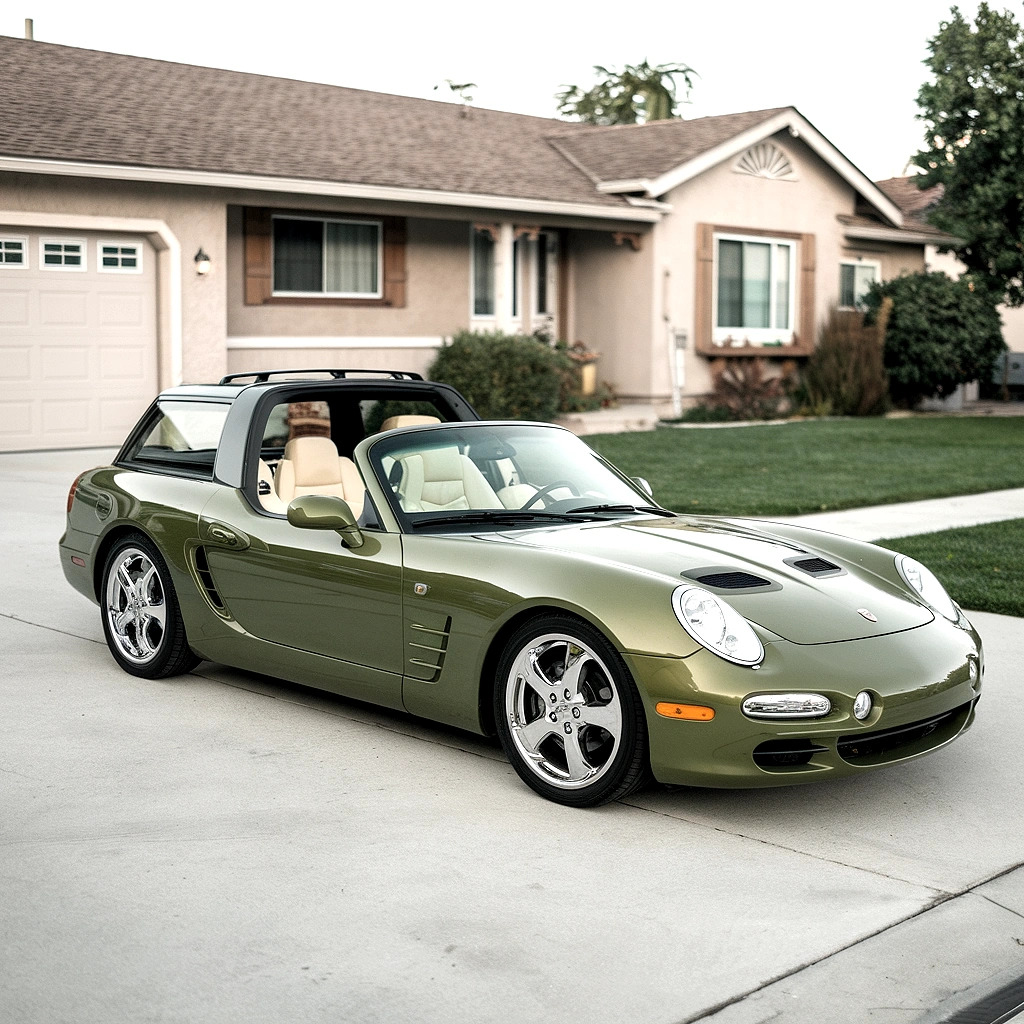 Green convertible sports car parked on a residential driveway