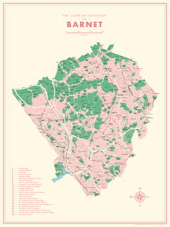 Vintage-style map of the London Borough of Barnet in pink and green