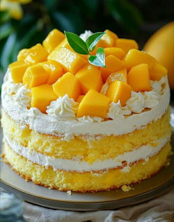 Layered cake with white frosting, topped with mango cubes and mint garnish on wooden stand