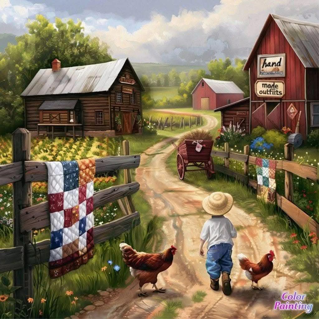 Child in overalls walking on farm path with chickens, barn, and quilts on fence