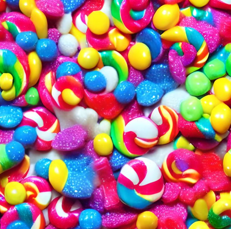 Assorted colorful candies including swirled lollipops, gumballs, and sugar-coated sweets in bright colors