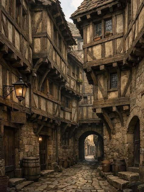 Narrow medieval cobblestone alley with timber-framed buildings and stone archways