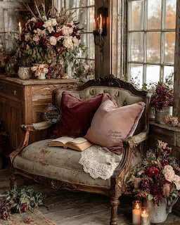 Ornate vintage armchair with pink cushions, open book, and floral arrangements in a rustic room