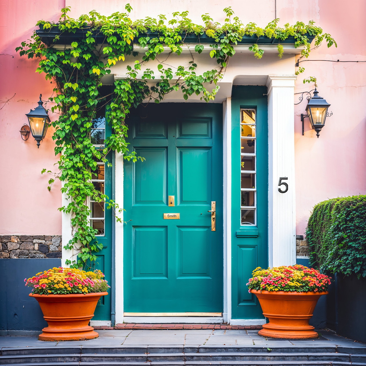 Teal front door with ivy on a pink wall, flanked by lanterns and flower pots