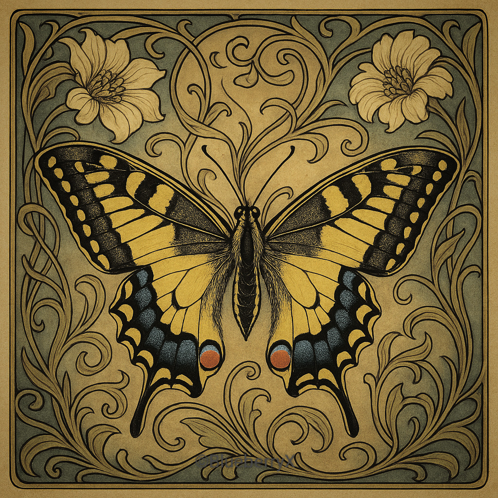 Yellow swallowtail butterfly illustration with ornate floral scrollwork on golden background