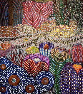 Abstract dot painting with vibrant floral patterns in multiple colors using pointillism style