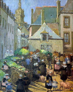 Painting of a crowded village street market with old buildings and townspeople