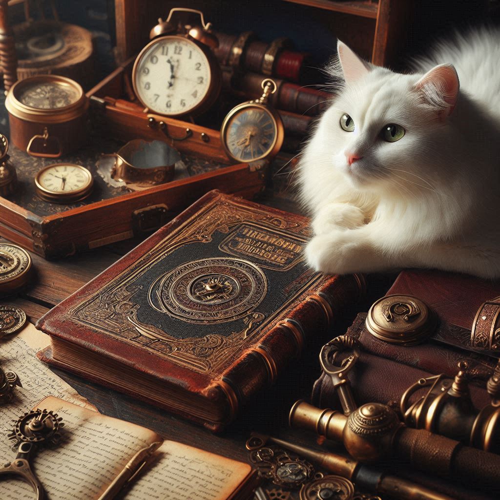 White Cat with Vintage Objects