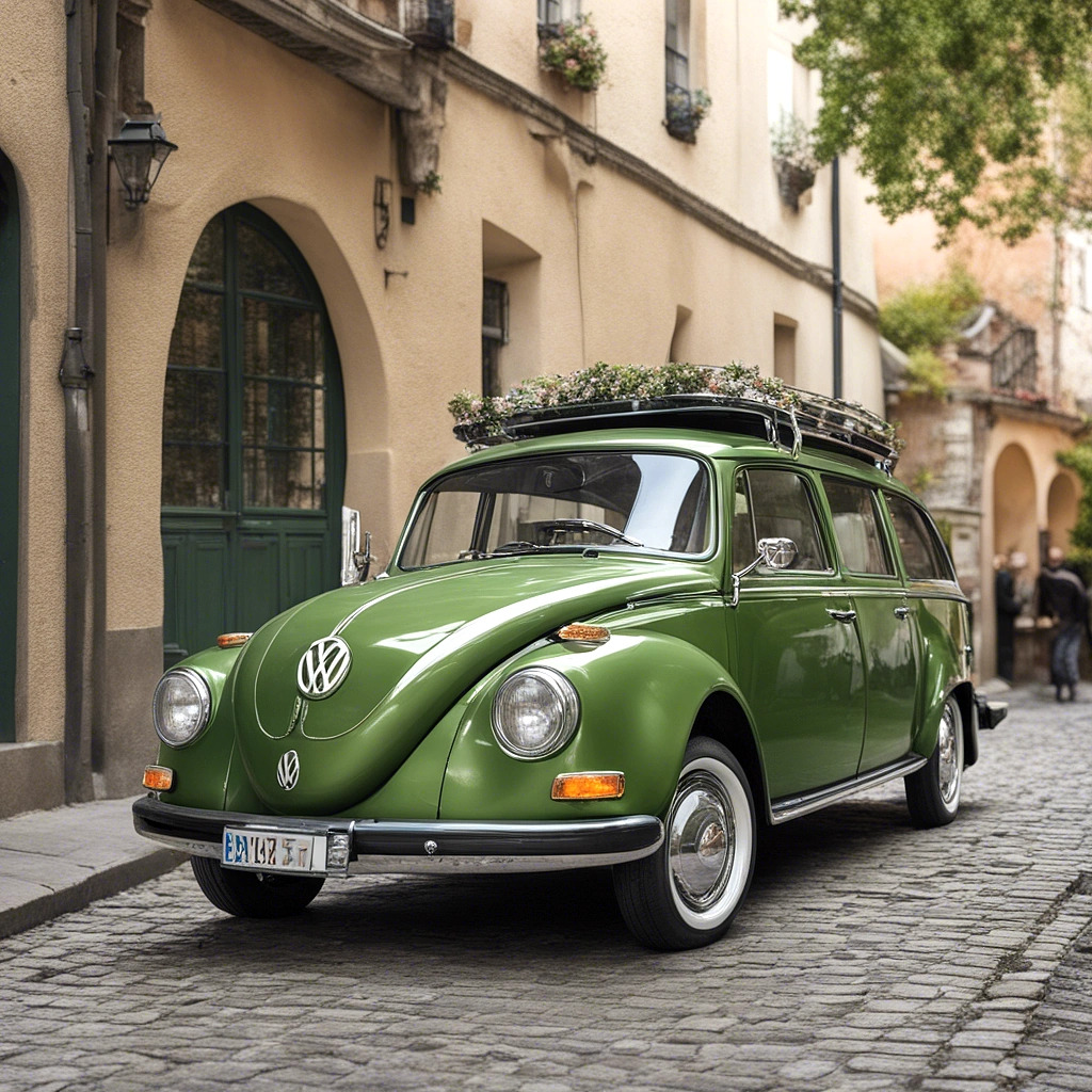 Vintage green VW Beetle limousine with roof rack on cobblestone street