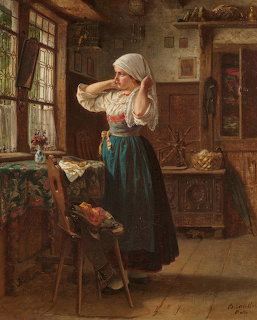 Painting of a young woman in traditional dress adjusting her headscarf in a rustic interior