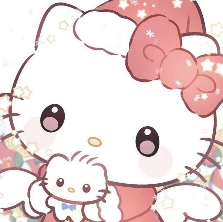 Hello Kitty in a Santa hat holding a small angel figure on a pink festive background