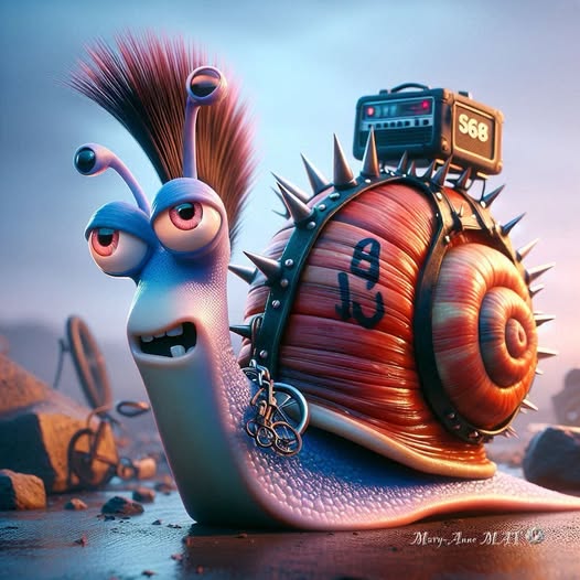 3D fantasy snail with a spiked mechanical shell on rocky ground