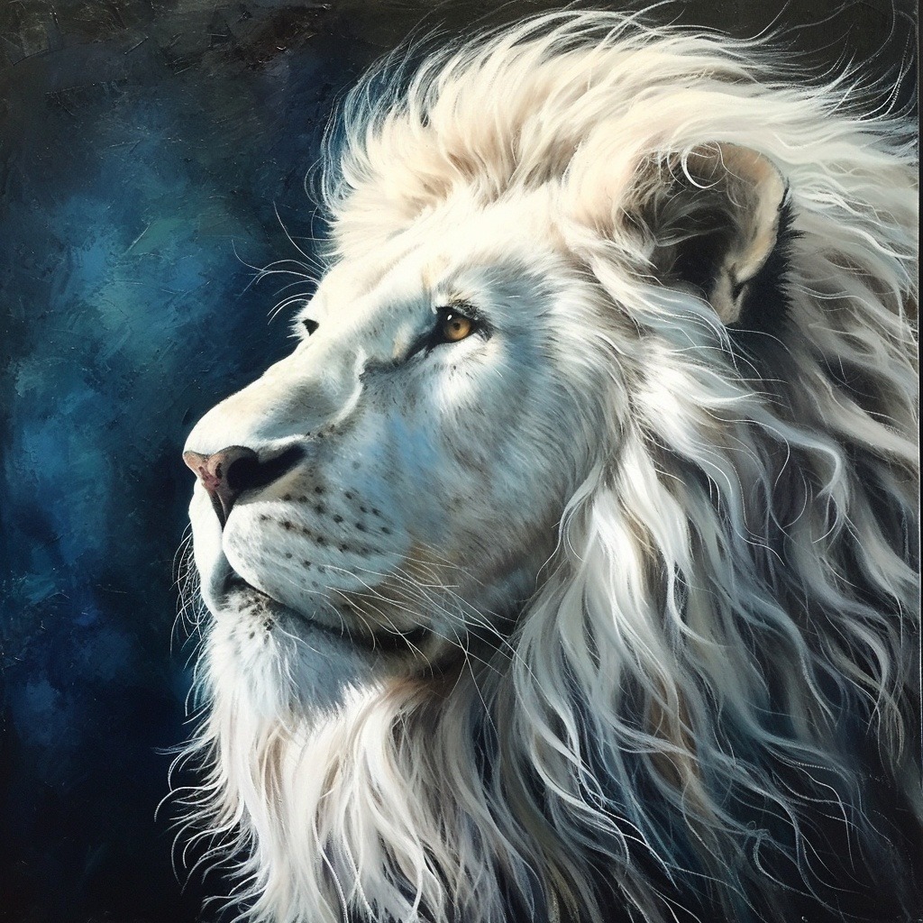 White lion portrait in side profile with a long pale mane against a dark blue background