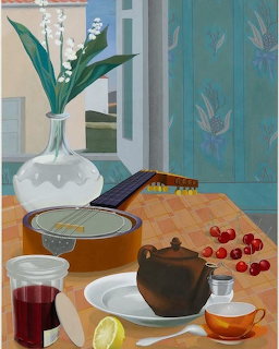 Painting of a still life with flowers in a vase, cheries, teapot, cup, and mandolin on a table