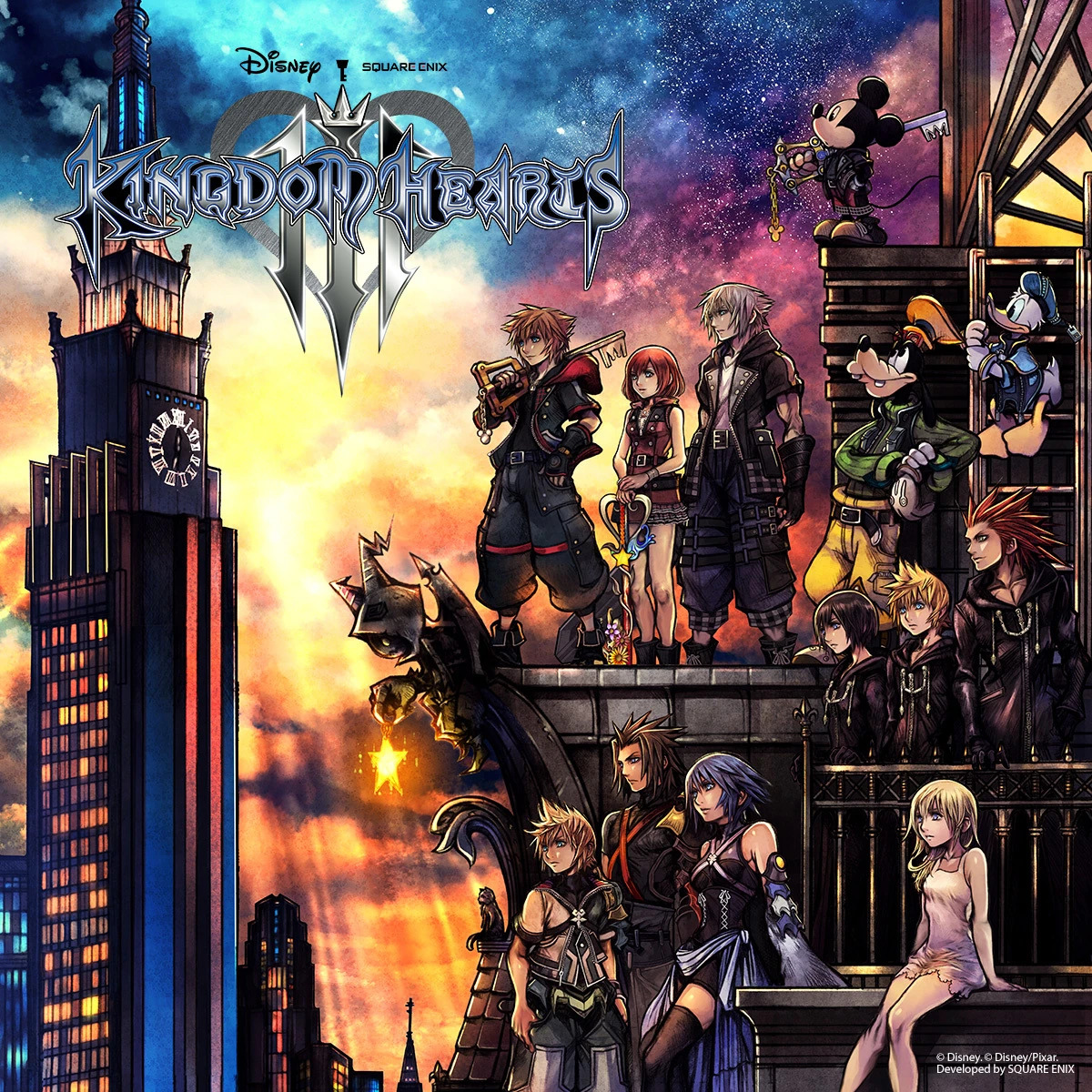 Kingdom Hearts III artwork with several characters on a clock tower against a sunset sky