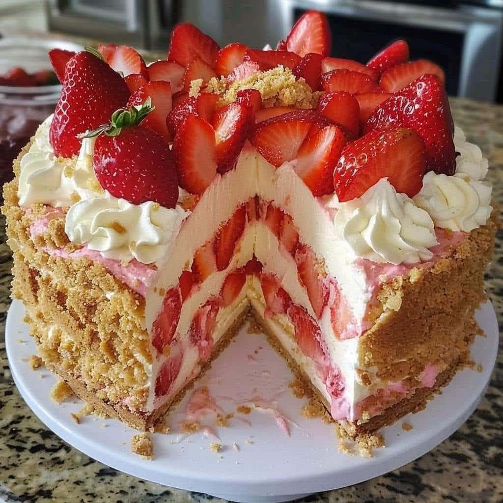 Strawberry layer cake with whipped cream and fresh strawberries, shown with a slice removed