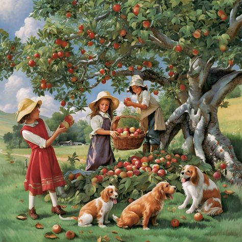 Girls Picking Apples with Dogs