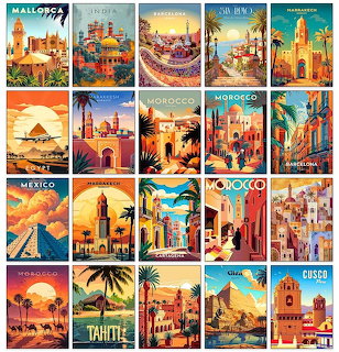 Collage of 20 vintage travel posters showing tropical and Mediterranean destinations with warm colors and landmarks