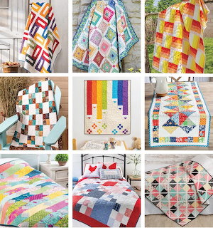 Grid of nine colorful patchwork quilts with different geometric patterns and designs