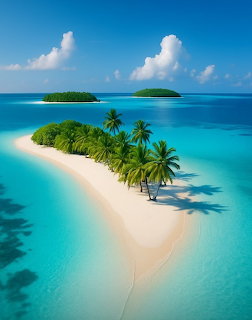 Aerial view of tropical sandbar with palm trees in turquoise ocean water