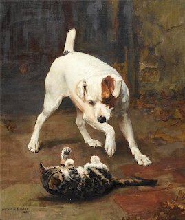 White dog standing over striped cat lying on back in oil painting