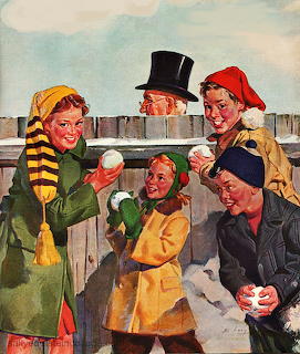 Vintage illustration of children in winter clothing having a snowball fight near a white picket fence