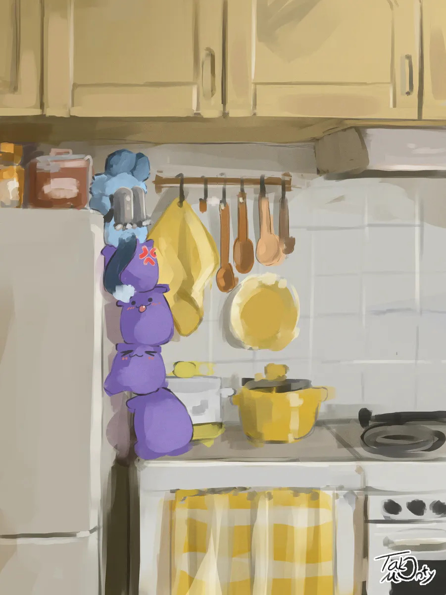 Purple octopus character Takomonty cooking at a yellow kitchen stove with hanging utensils