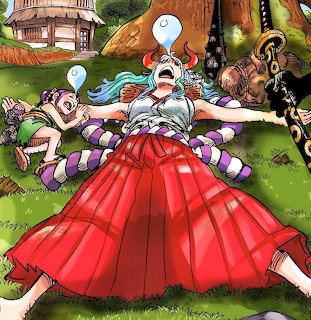 Anime characters from ONE PIECE in elaborate costumes outdoors with colorful scene and multiple figures
