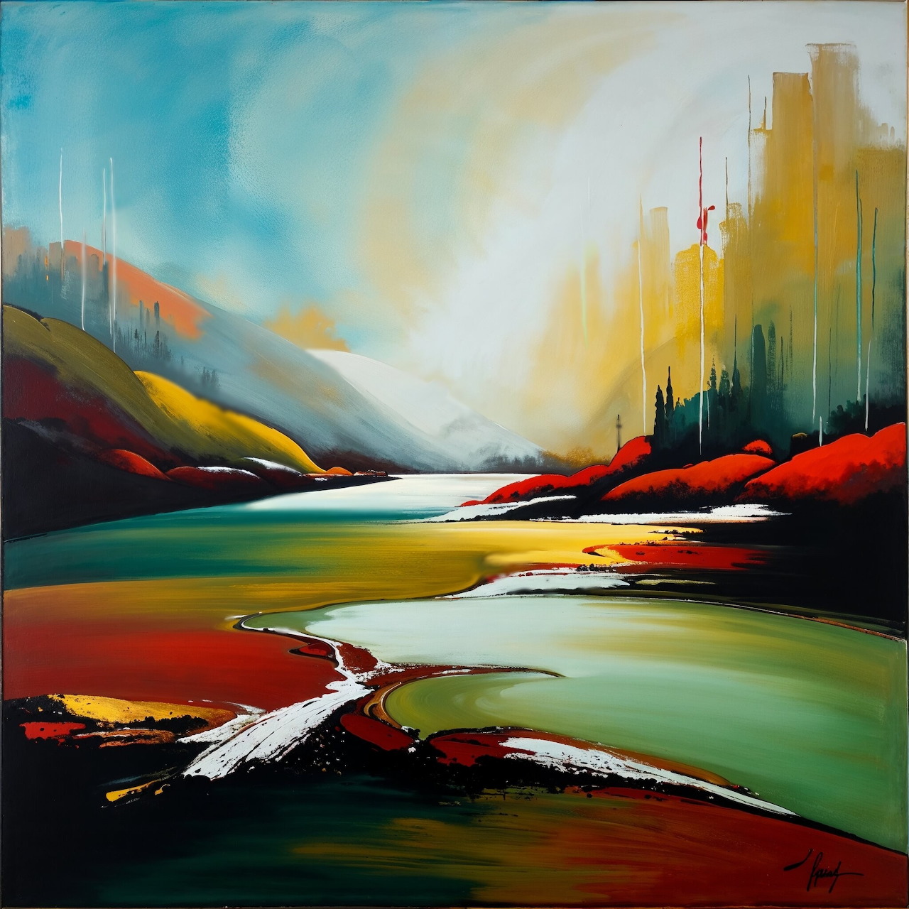 Abstract painting of mountains and lake with vibrant streaks of blue, orange, red, yellow and green