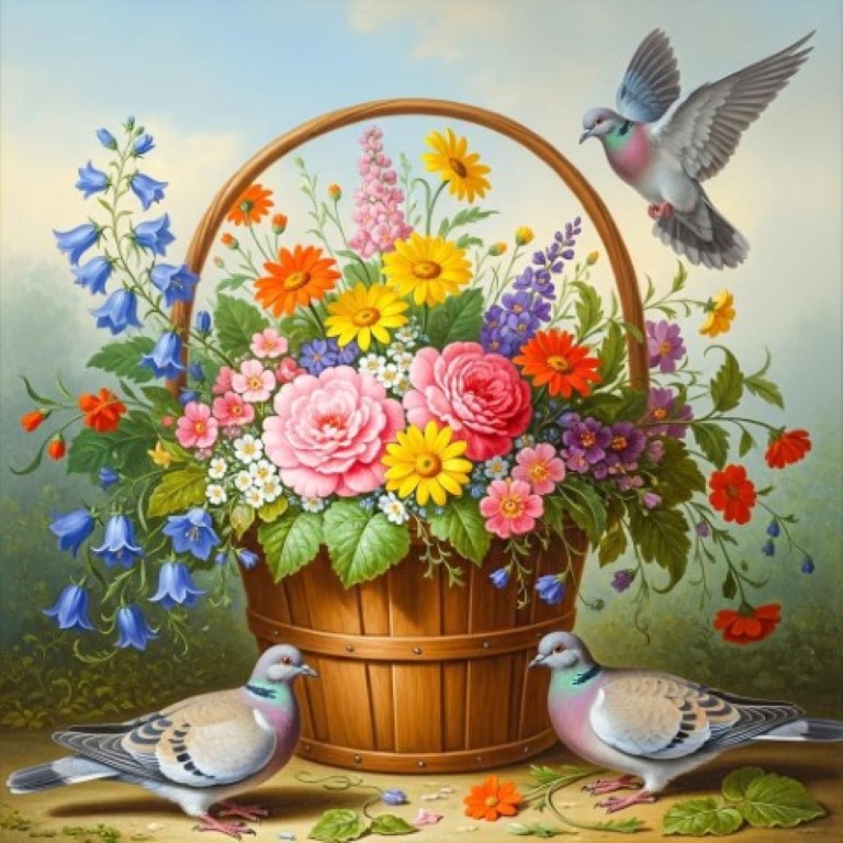 Hummingbird hovering over a wooden basket filled with colorful flowers, flanked by two doves on the ground