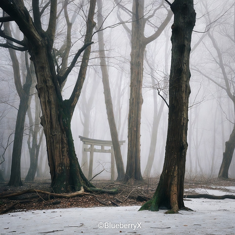 Small torii gate in a snowy foggy forest with bare trees