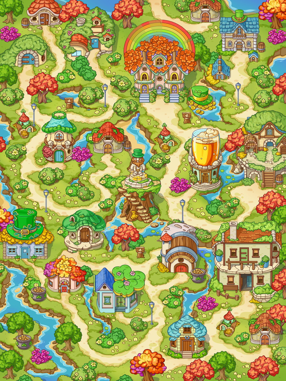 Illustrated overhead map of a fantasy village with colorful cottages, winding paths, ponds, and lush gardens