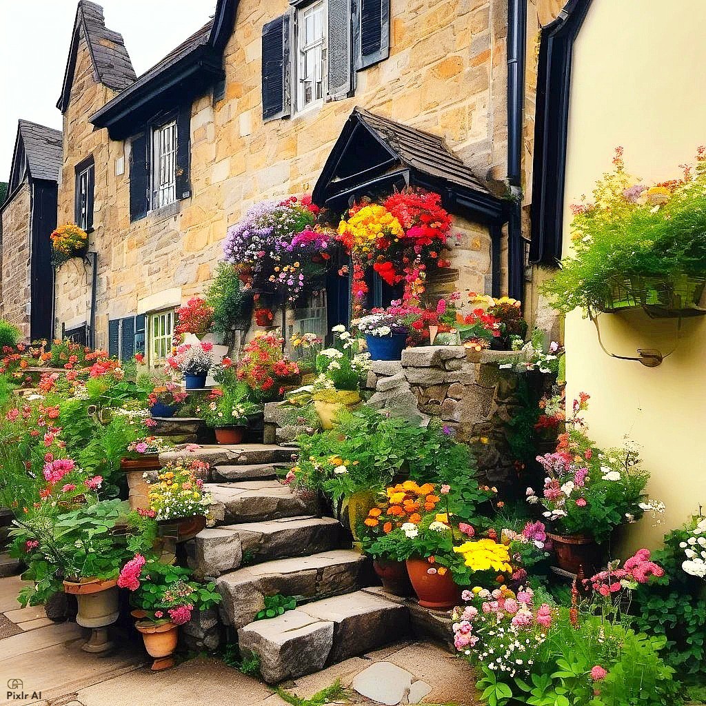 Yellow stone cottage entrance with stone steps lined with colorful potted flowers and hanging baskets