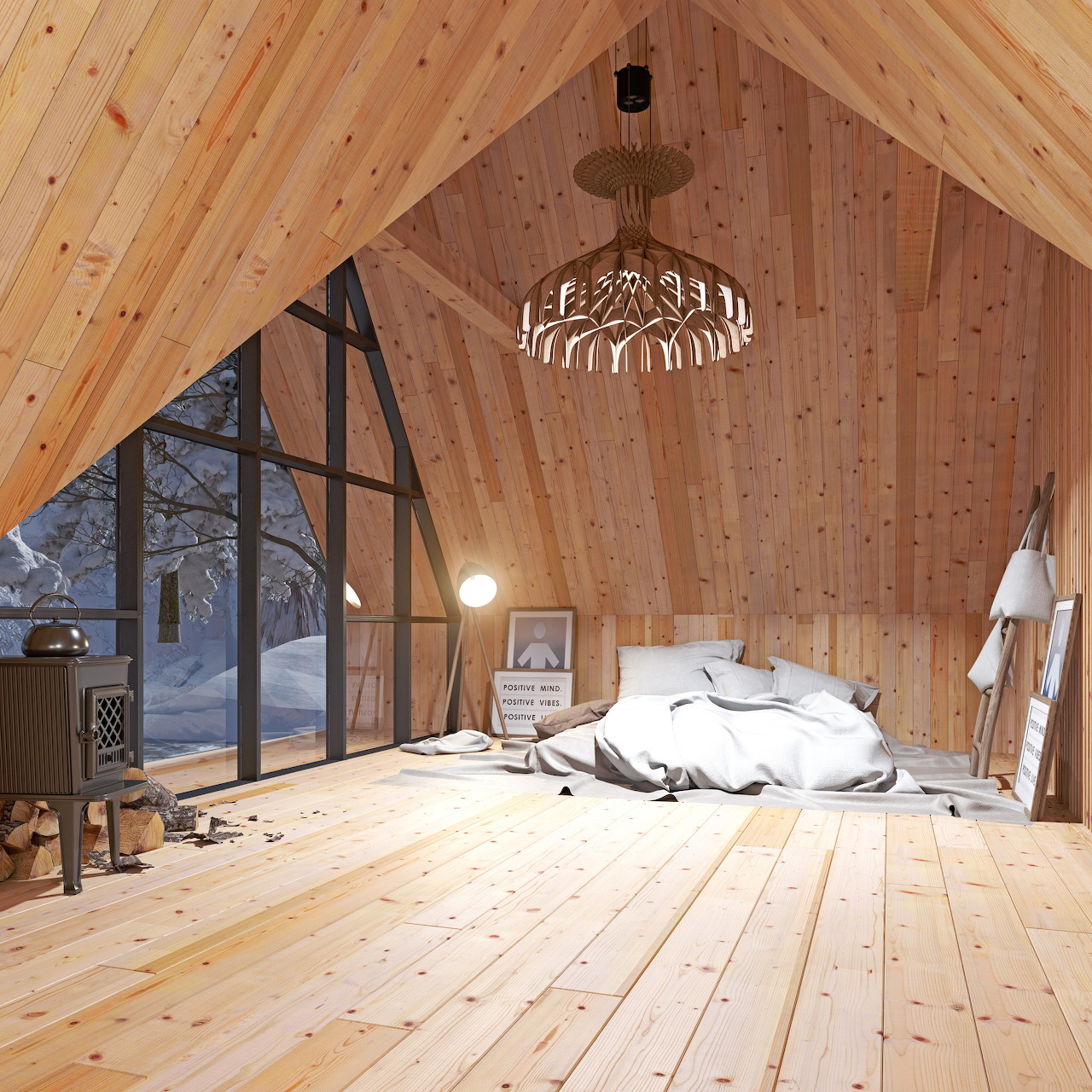 Cozy wooden attic bedroom with arched windows, bed on floor, and snowy winter view outside