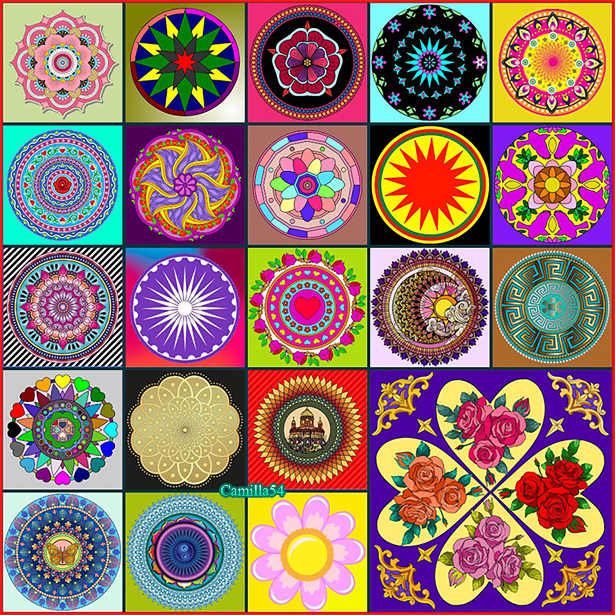 Grid of 25 colorful mandala designs with geometric and floral patterns in various styles and bright colors