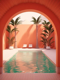Empty retro indoor swimming pool with turquoise water and vintage tiled surroundings