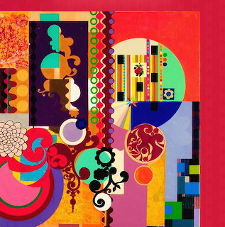 Colorful abstract geometric art with circles, patterns, and decorative shapes in vibrant hues
